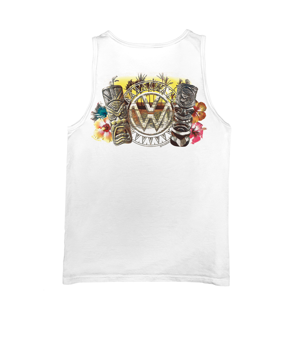 White tank top with colorful graphic design on a white background View 1
