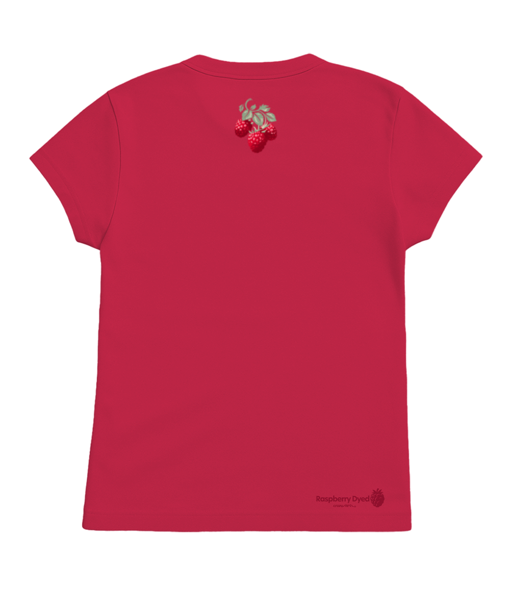 Raspberry t-shirt with a small graphic on the back against a white background View 4