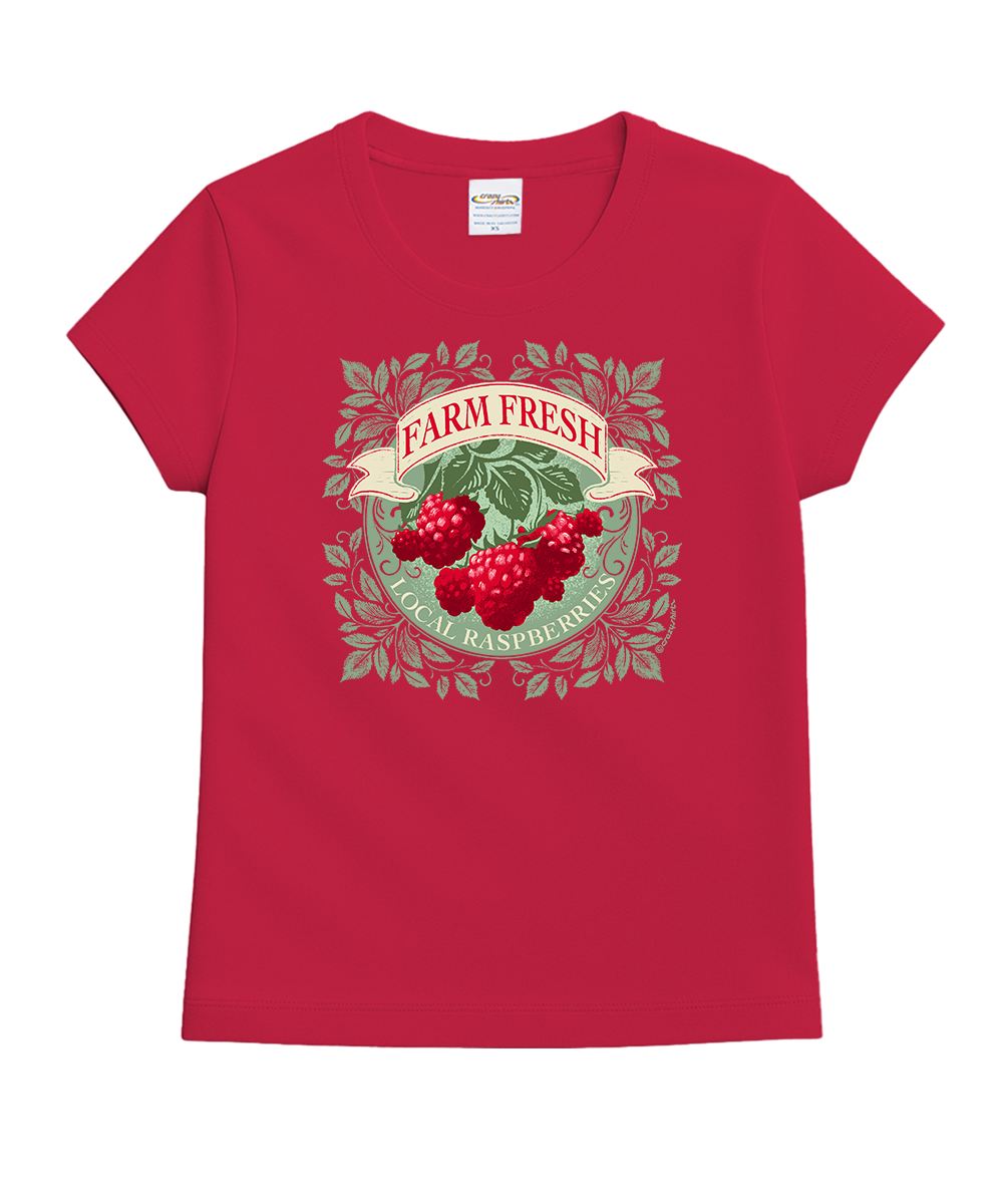 Raspberry dyed t-shirt with raspberries and 'Farm Fresh Local Raspberry' text on a white background View 1