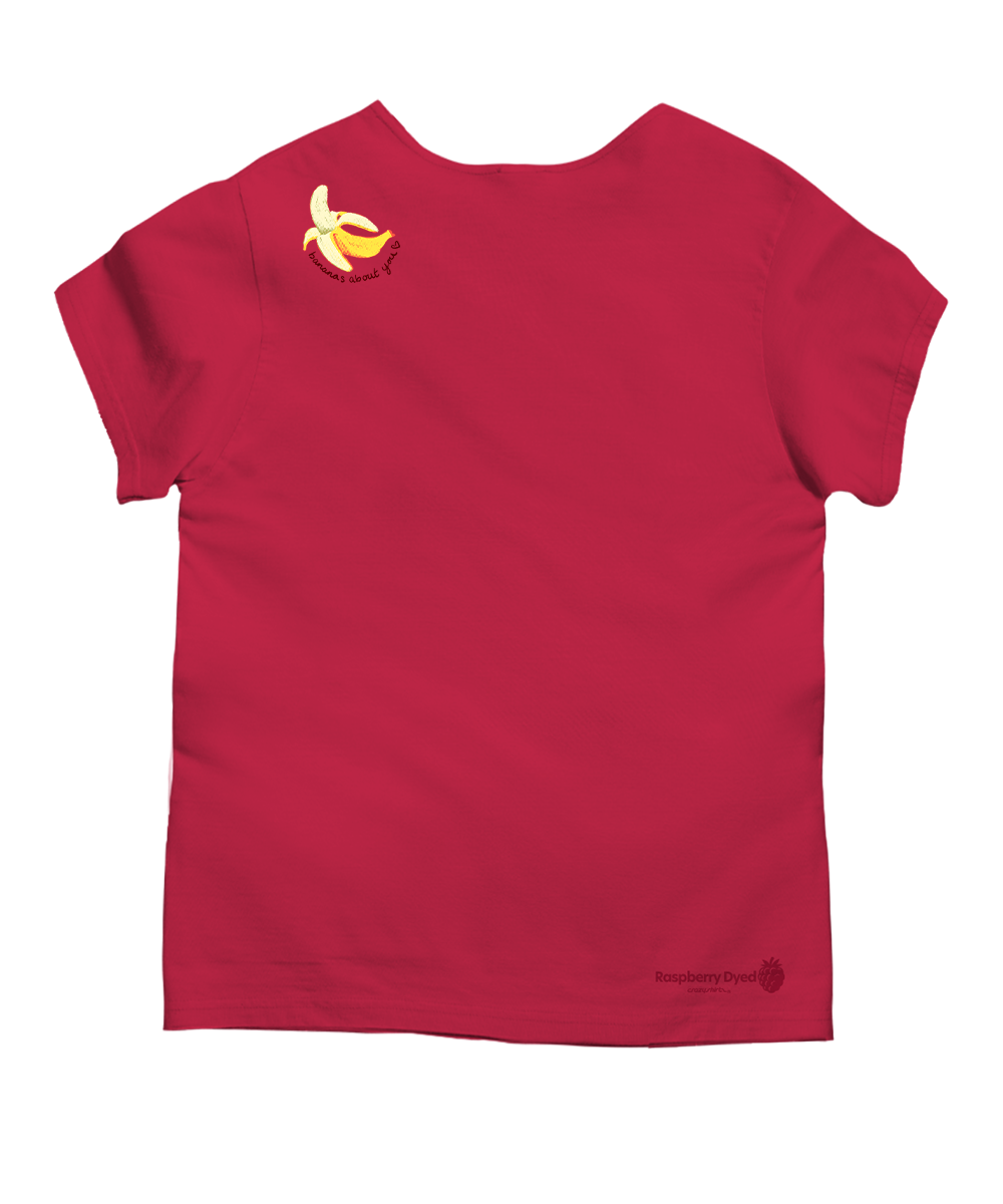 Raspberry dyed t-shirt with a banana graphic on a white background View 4