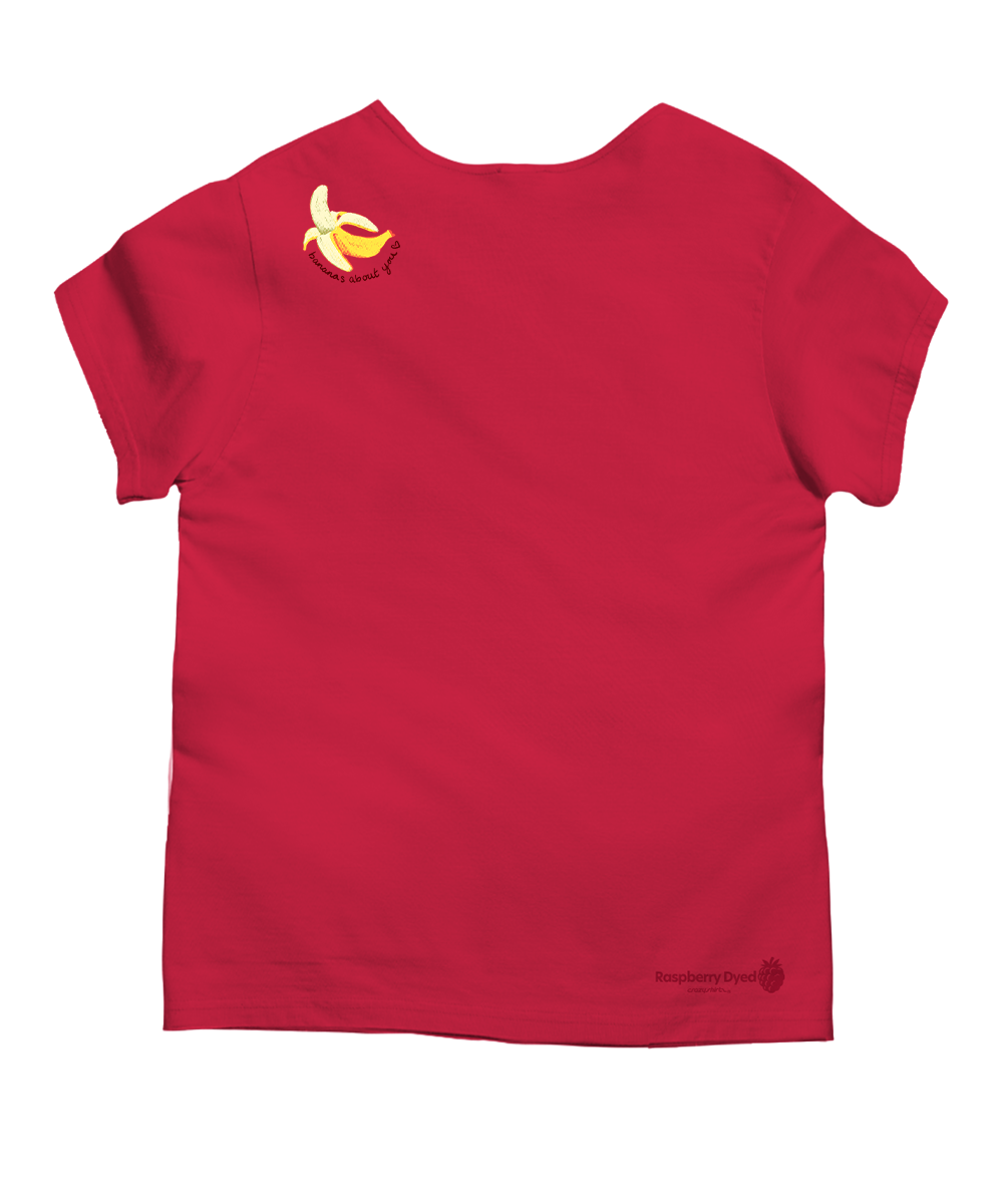Raspberry dyed t-shirt with a banana graphic on a white background View 4