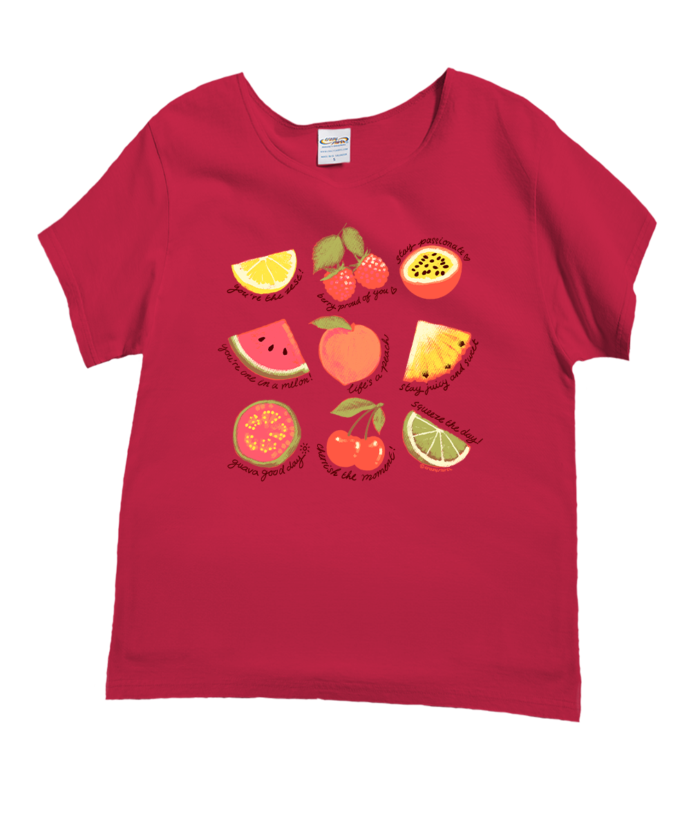 Raspberry t-shirt with fruit illustrations on a white background View 1
