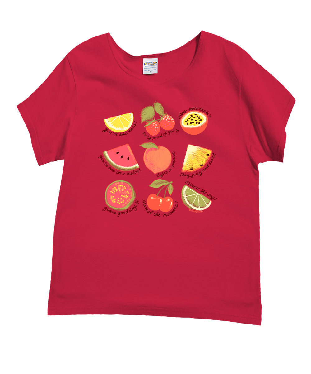 Raspberry t-shirt with fruit illustrations on a white background View 1