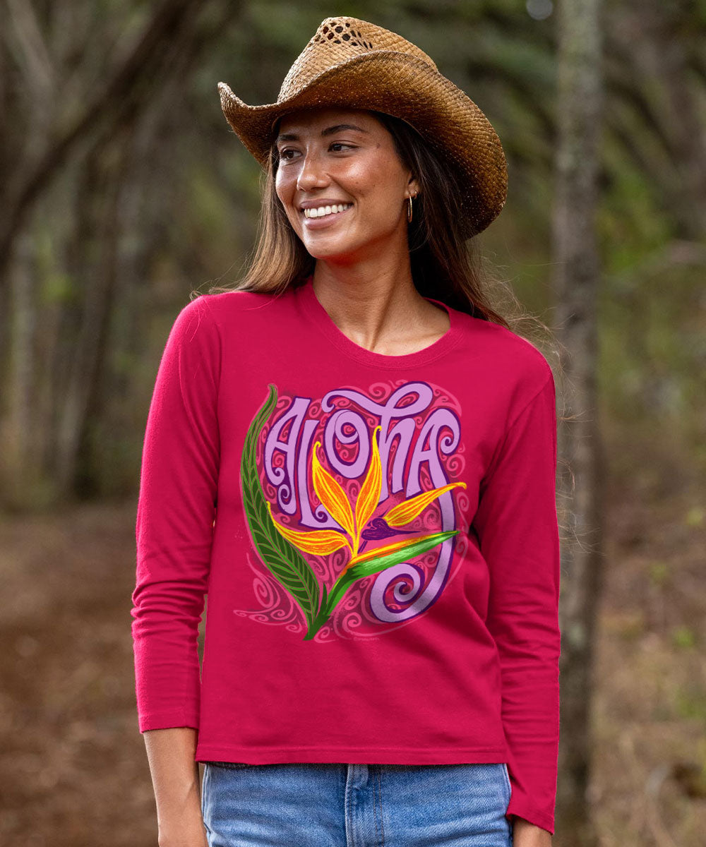 Aloha Bop - Raspberry Dyed Long Sleeve Crewneck T-Shirt