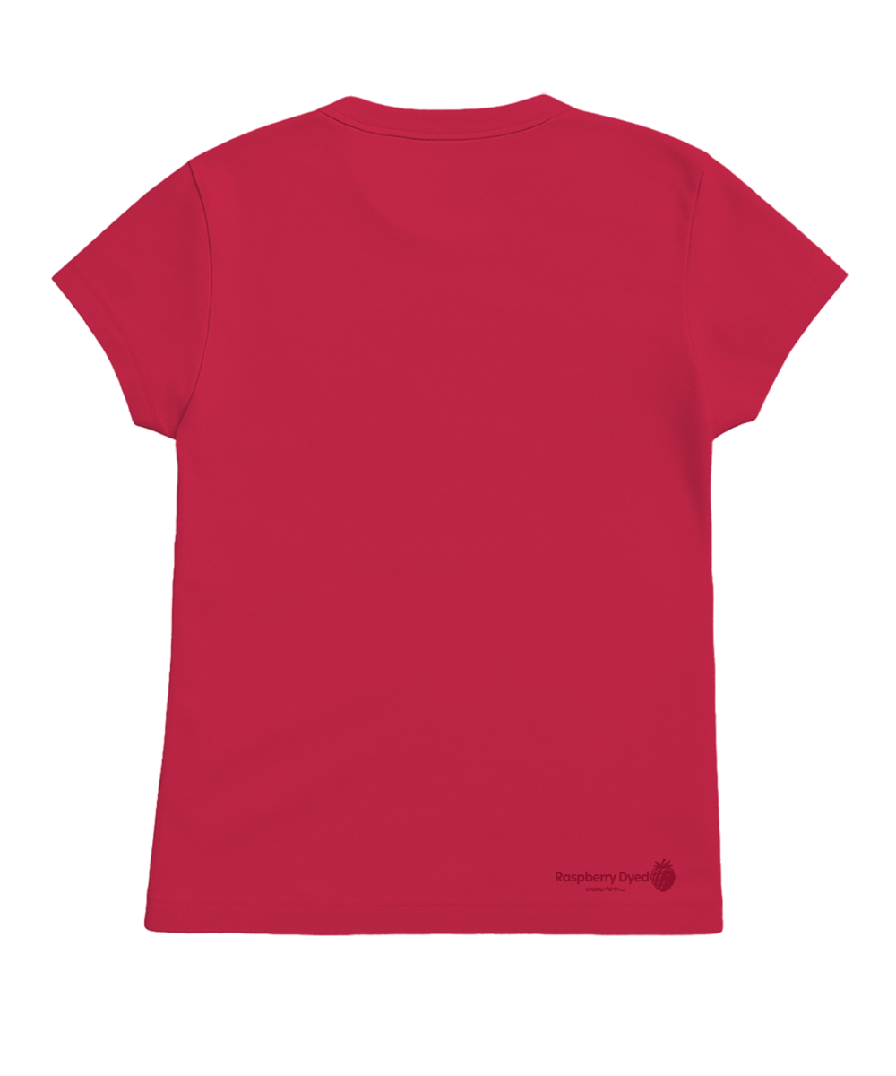 Raspberry dyed t-shirt with a small logo on the back against a white background View 4