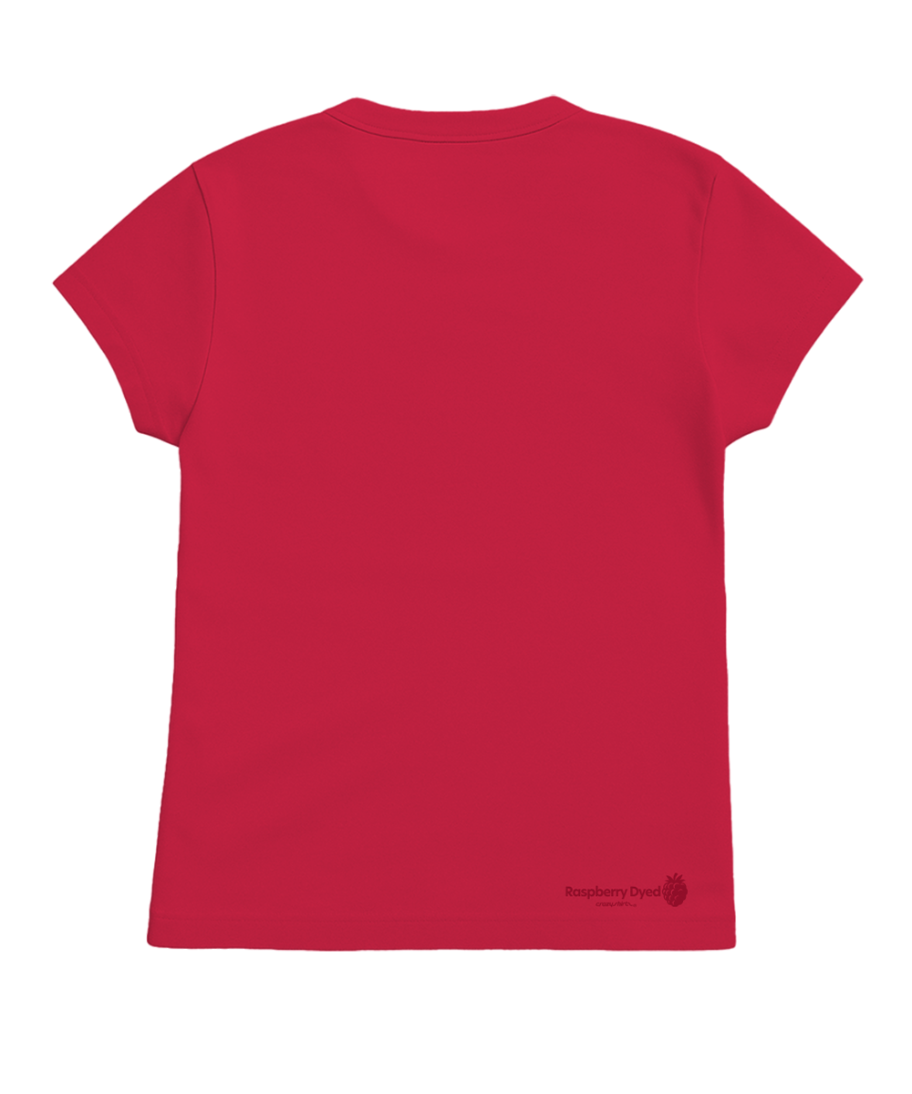 Raspberry dyed t-shirt with a small logo on the back against a white background View 4
