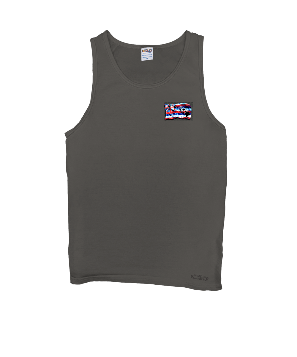 Gray tank top with a small flag patch on a white background View 4