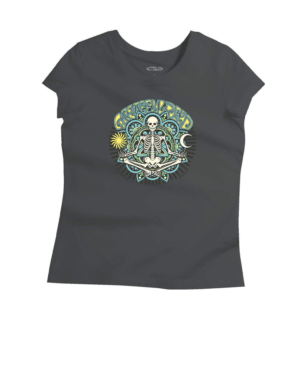 Black t-shirt with a colorful skeleton design on a white background View 1