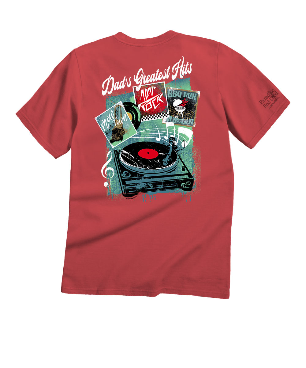 Maroon t-shirt with a graphic of a record player and music-themed design on the back, on a white background.