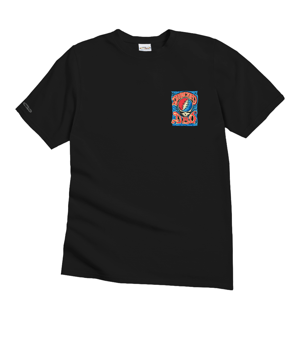 Black t-shirt with a colorful graphic on the chest against a white background View 4