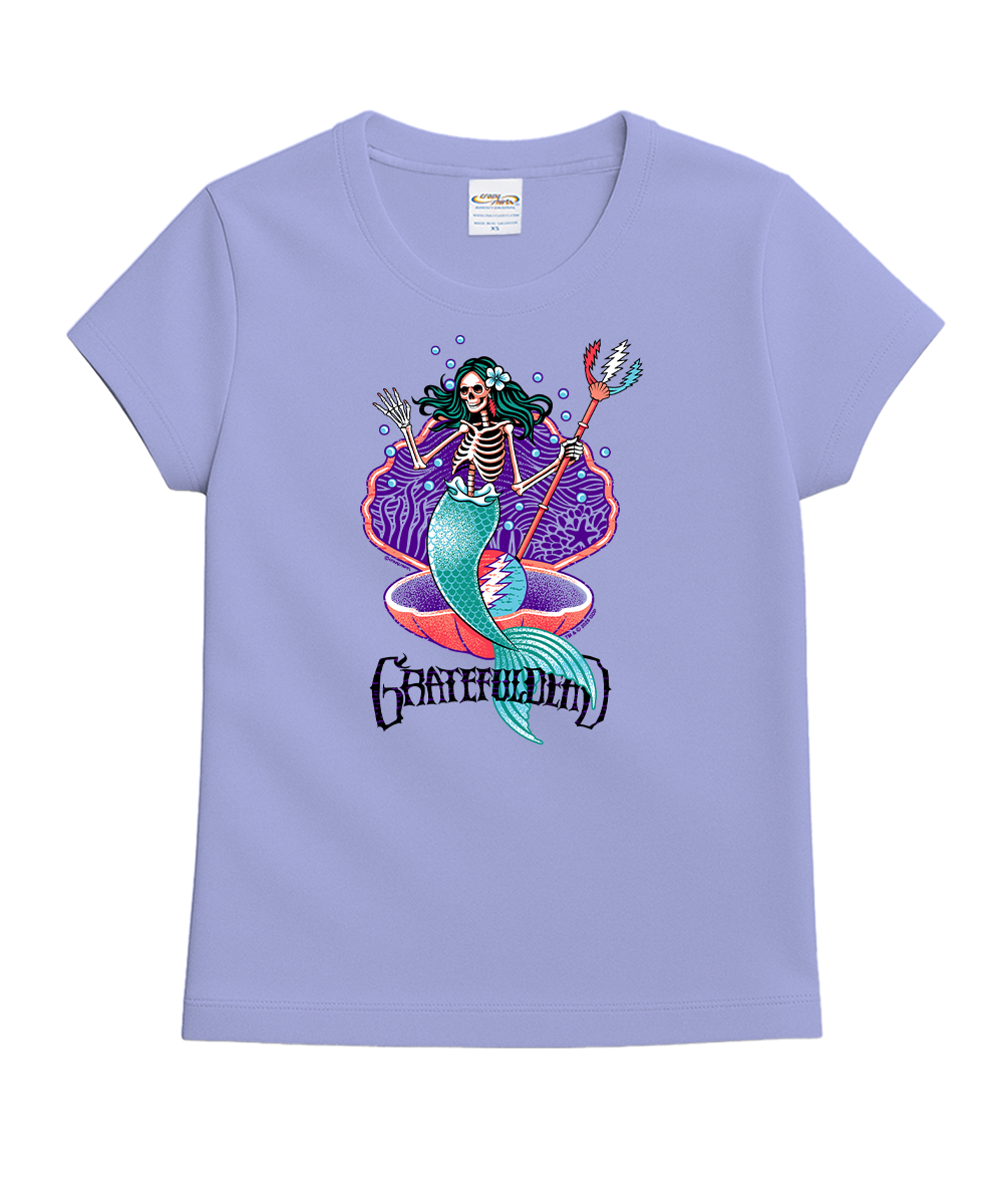 A light purple short-sleeve crewneck t-shirt featuring a colorful graphic of a skeleton mermaid sitting in a shell, with the word 'Grateful' printed below in a stylized font. View 1