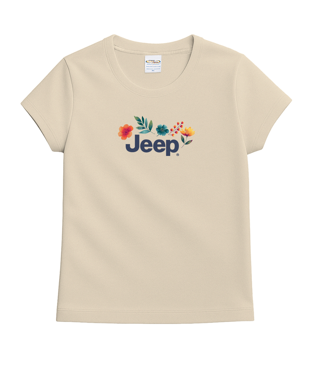 Beige t-shirt with Jeep logo and floral design on a white background View 4