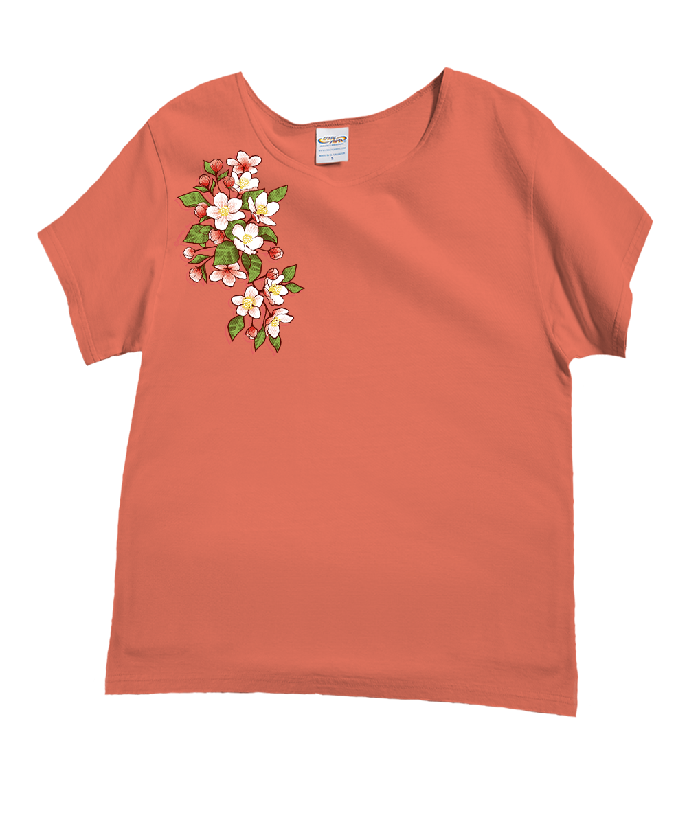 Coral t-shirt with floral design on a white background View 1