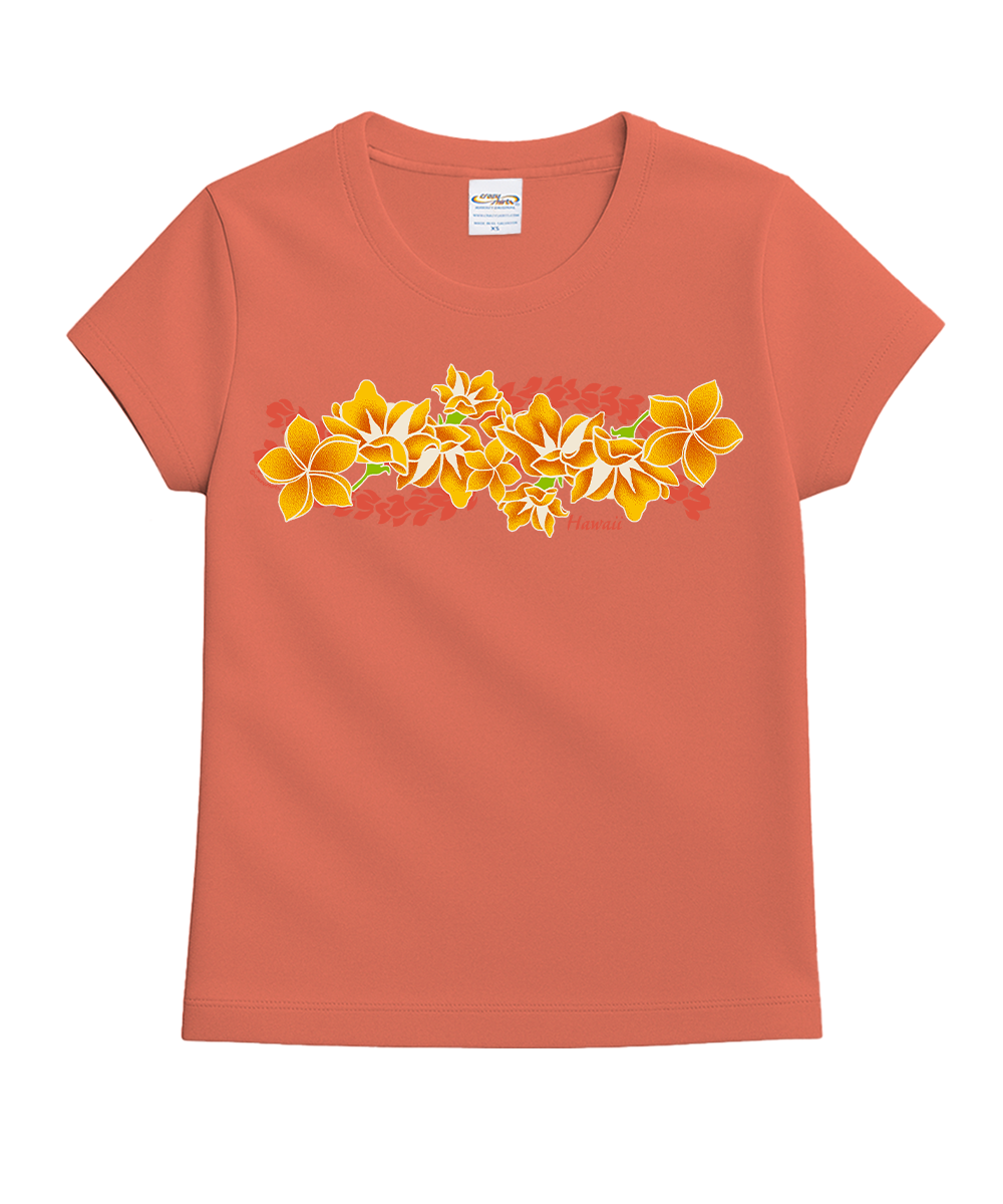 Coral t-shirt with floral design on a white background View 1