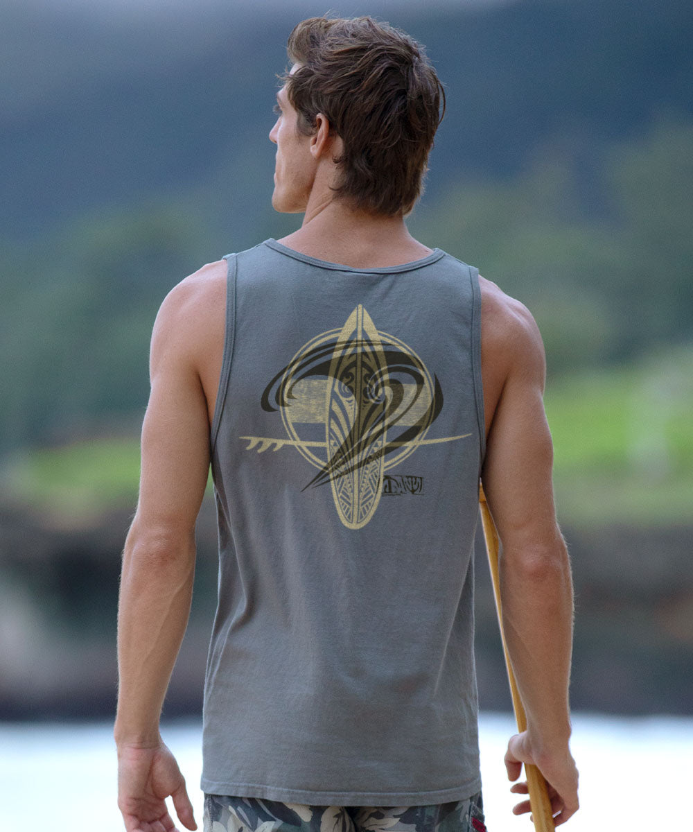 Man wearing a gray tank top with a design on the back, standing outdoors View 2