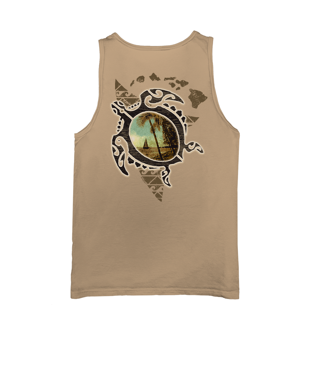 Light brown tank top with a graphic design on the back against a white background View 1