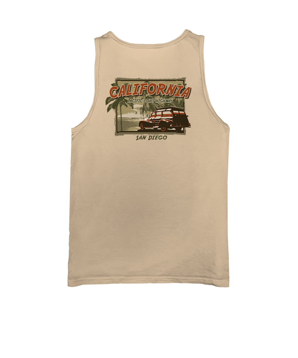 Beige tank top with California-themed graphic on a white background View 1
