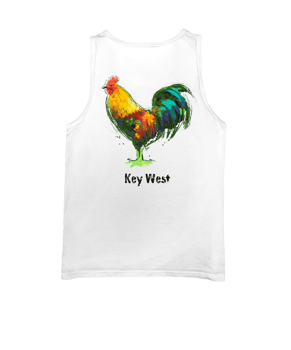White tank top with a colorful rooster design and 'Key West' text on a white background View 1