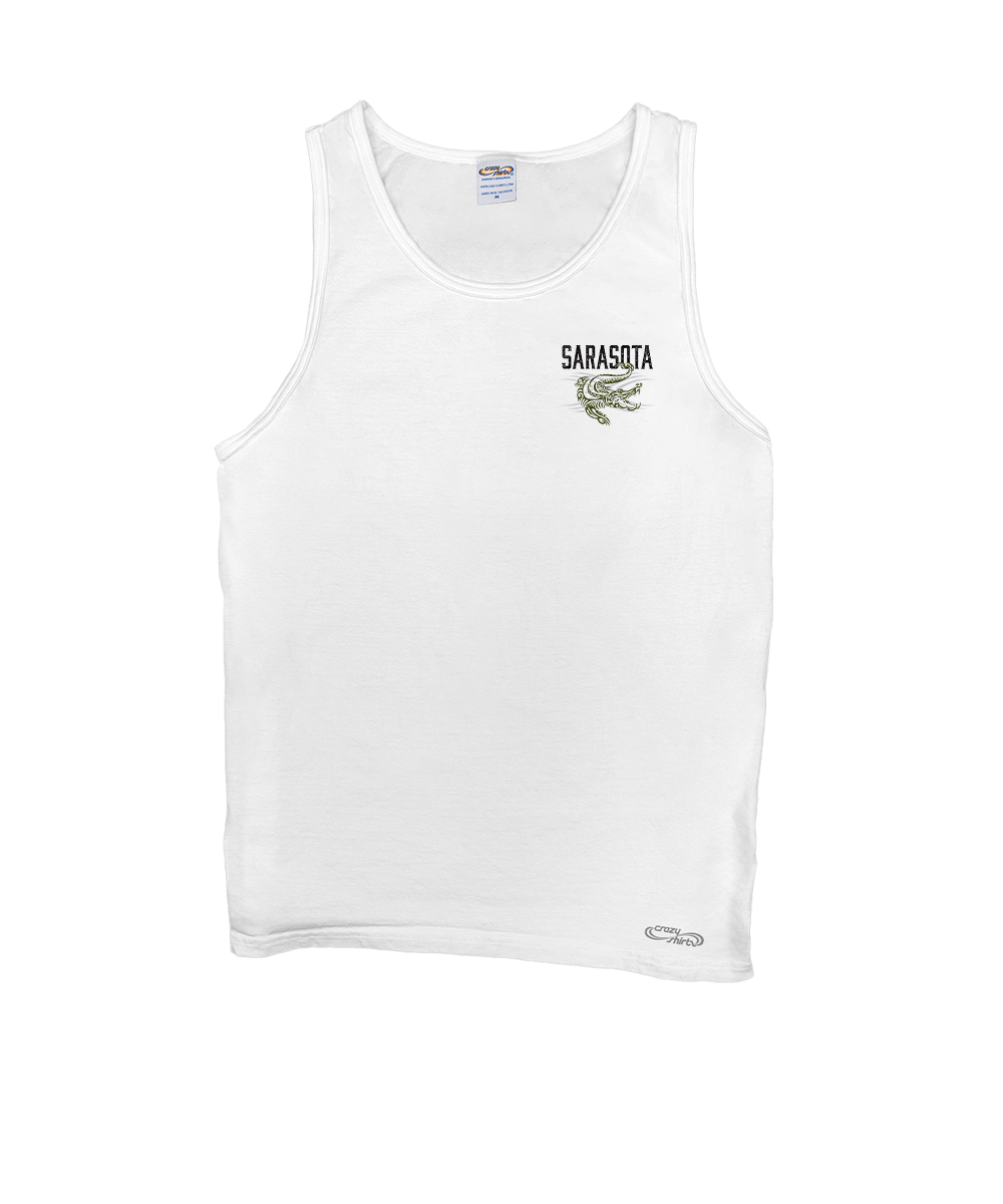 White tank top with 'Sarasota' text and graphic on a white background View 4