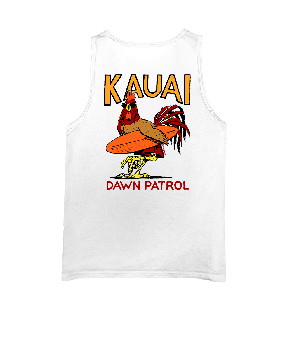 White tank top with a rooster graphic and 'Kauai Dawn Patrol' text on a white background View 1