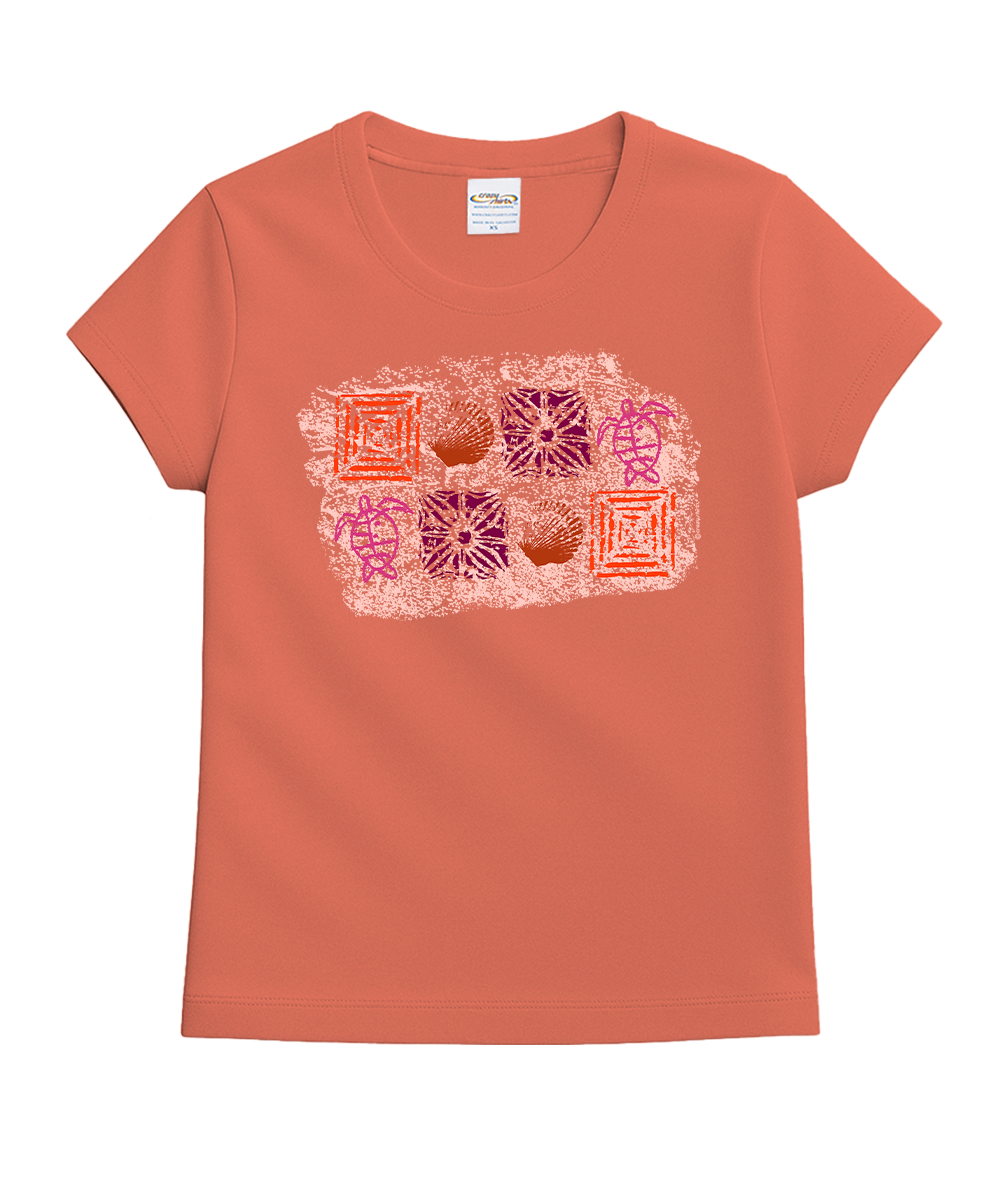 Coral t-shirt with geometric pattern on a white background View 1