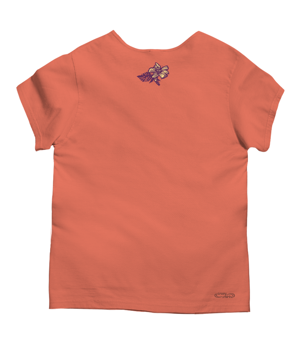 Coral t-shirt with a small design on the back against a white background View 4