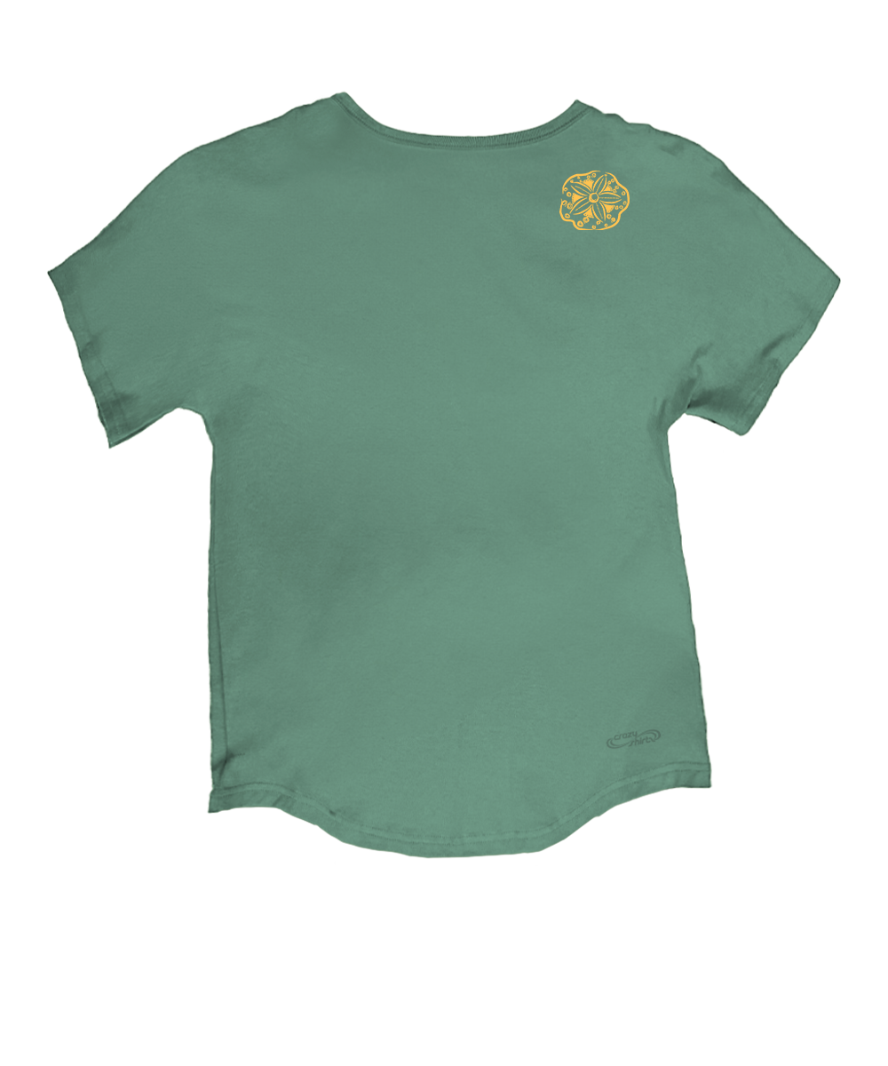 Green t-shirt with a small logo on the back against a white background View 4