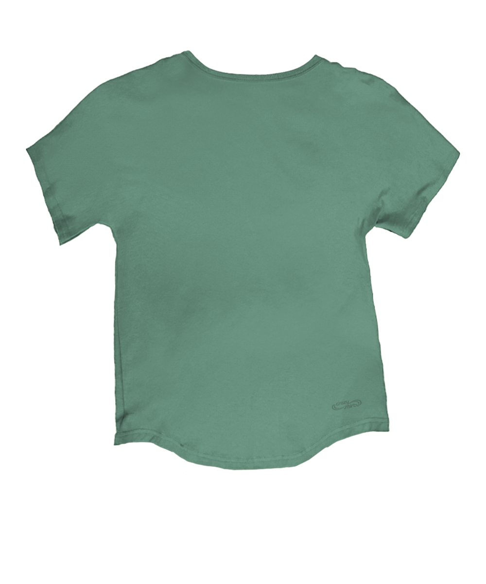 Green t-shirt with a small logo on the back against a white background View 4