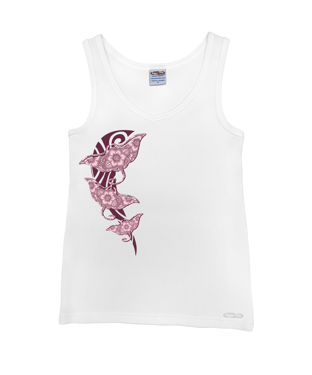 White tank top with pink floral shark design on a white background View 1