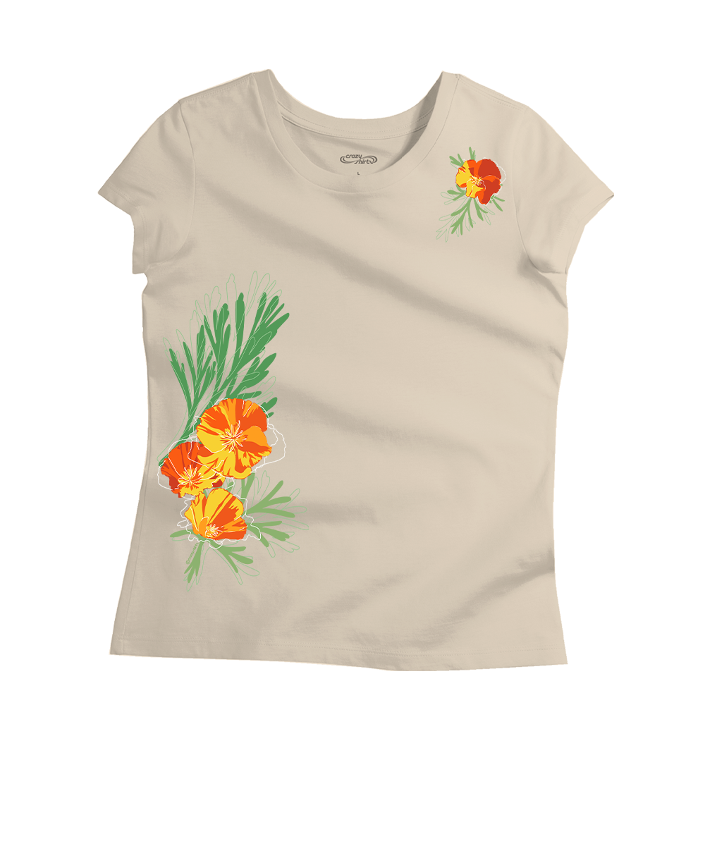 Beige t-shirt with orange floral designs on a white background View 1