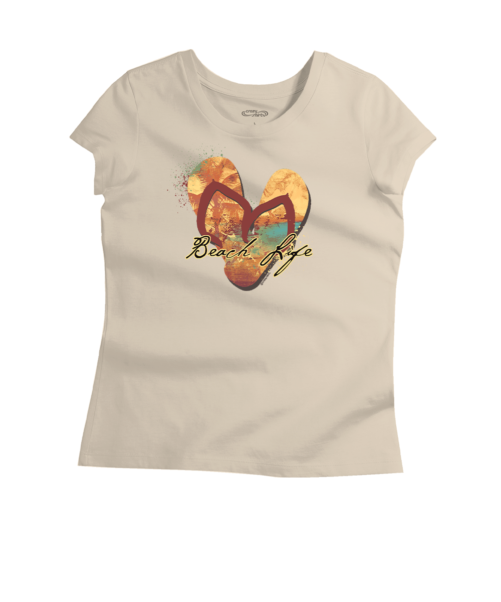 Beige t-shirt with flip flop design and 'Beach Life' text on a white background View 1