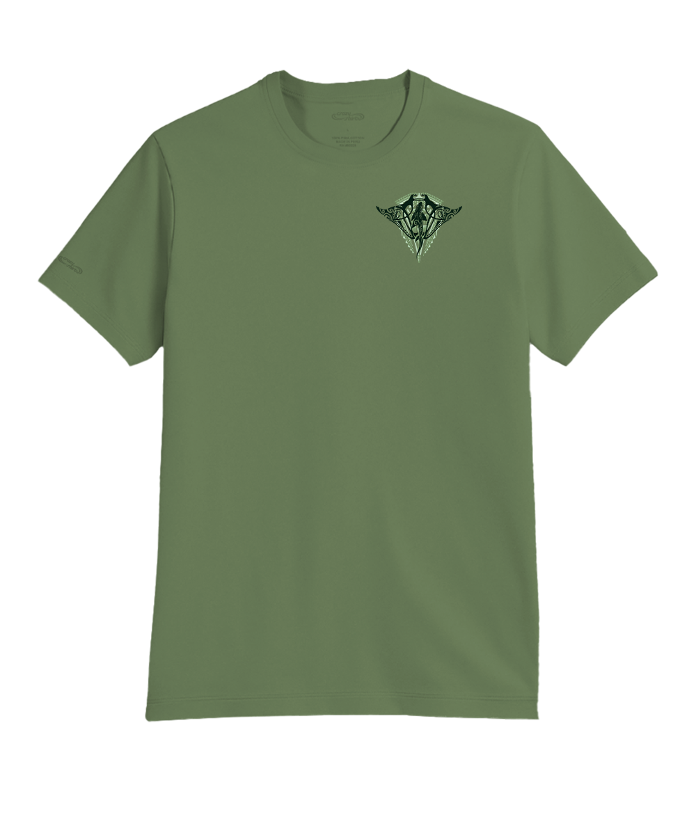Green t-shirt with a logo on the chest against a white background View 4