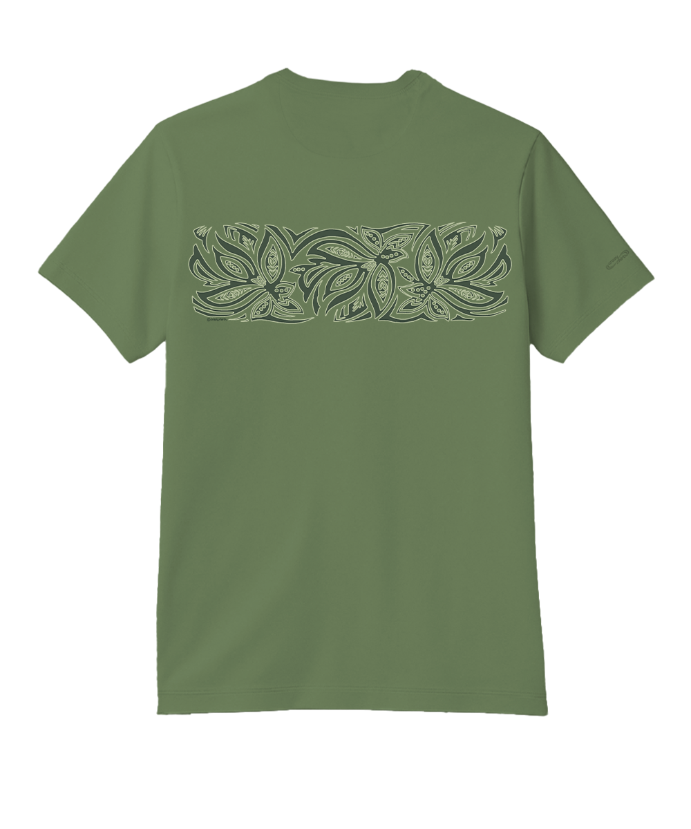 Green t-shirt with a leaf pattern on the back against a white background View 4