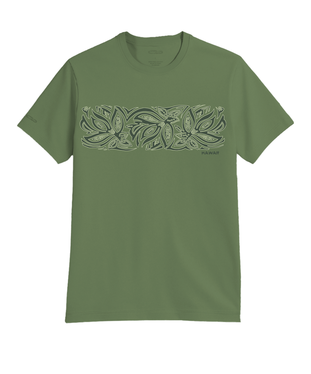 Green t-shirt with a leaf pattern on a white background View 1