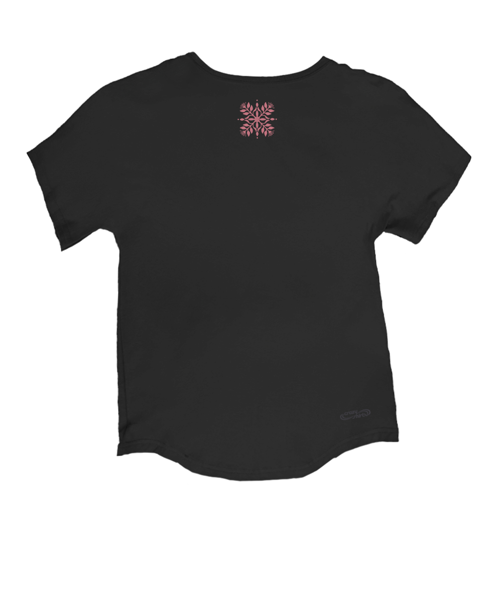 Black t-shirt with a small red snowflake design on the chest against a white background View 4