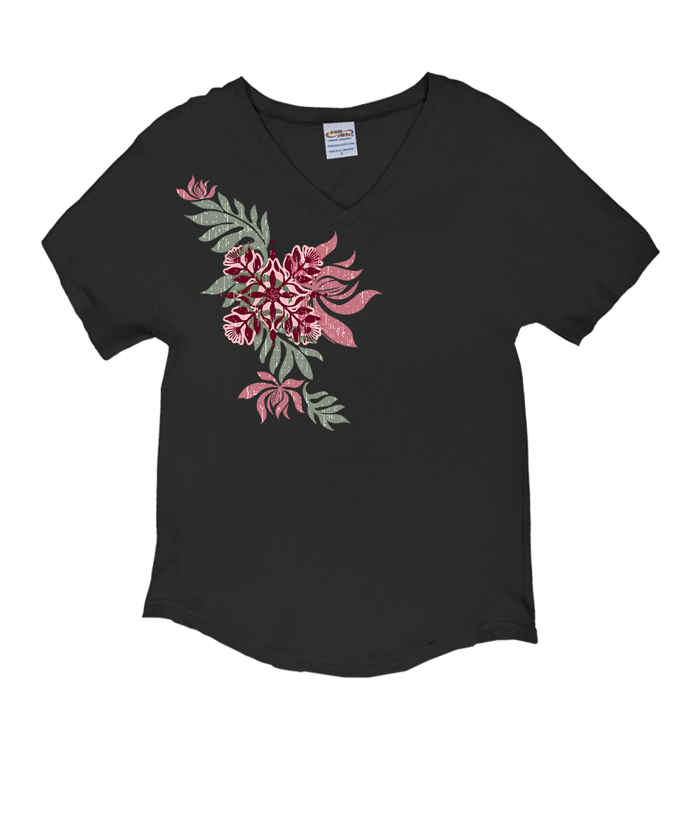 Black t-shirt with pink floral design on a white background View 1