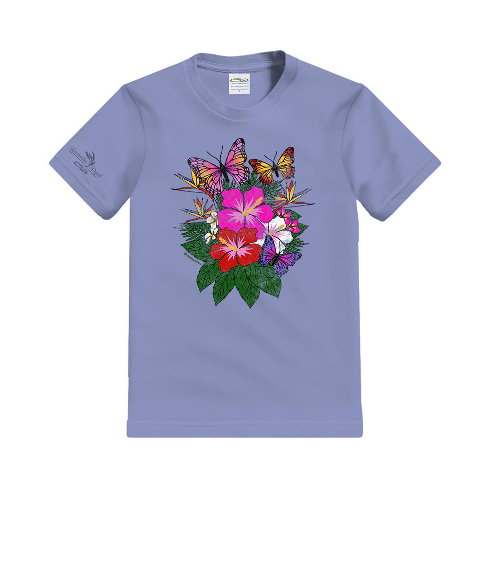 Purple t-shirt with a colorful floral and butterfly design on a white background View 1