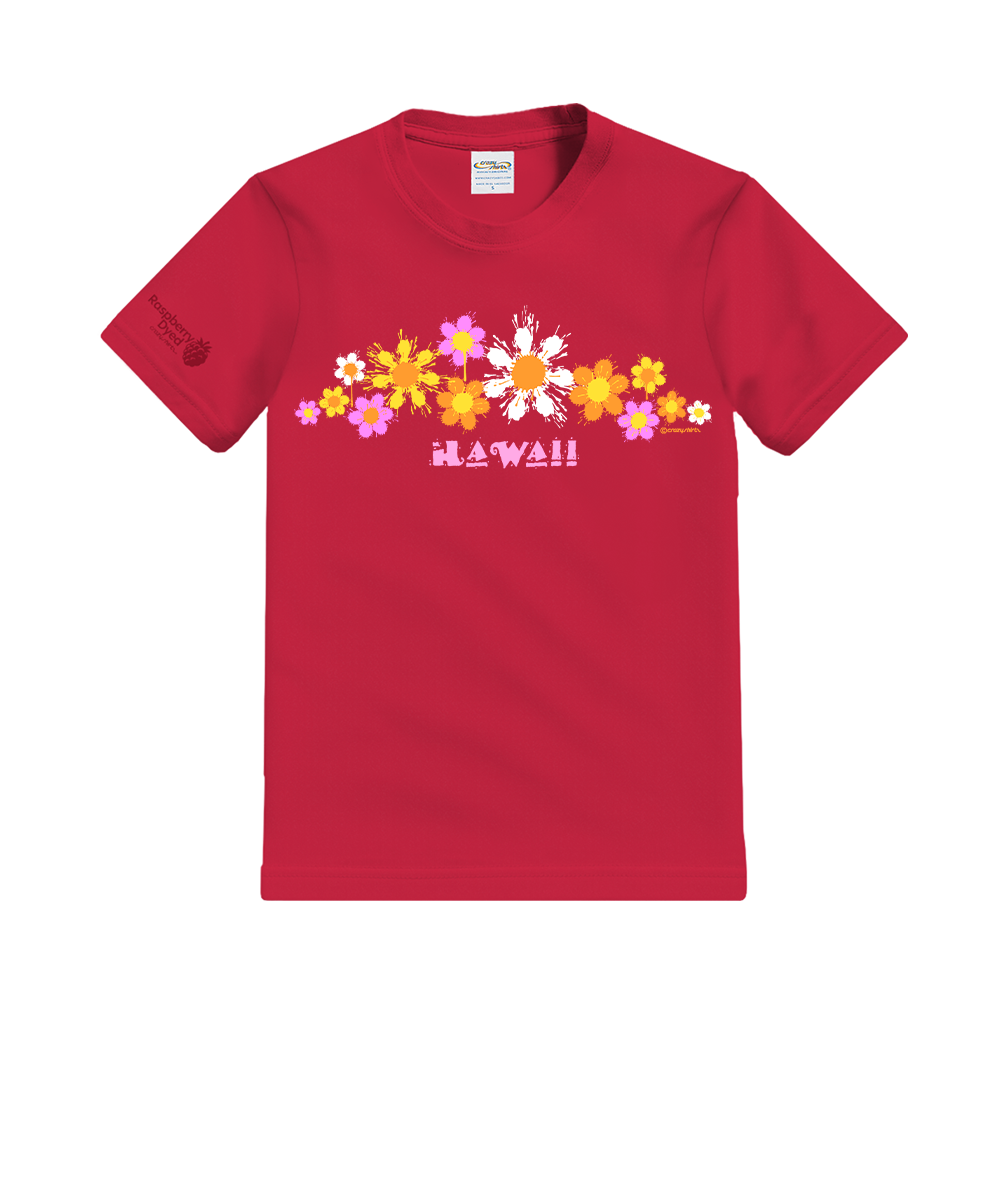Red t-shirt with floral design and 'Hawaii' text on a white background View 1
