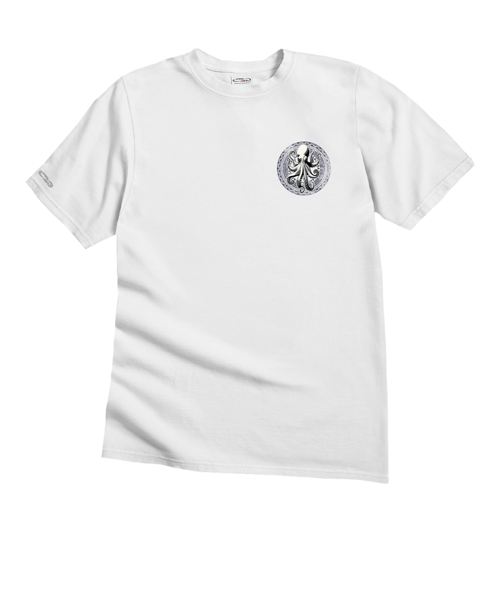 White t-shirt with a logo on a white background View 4