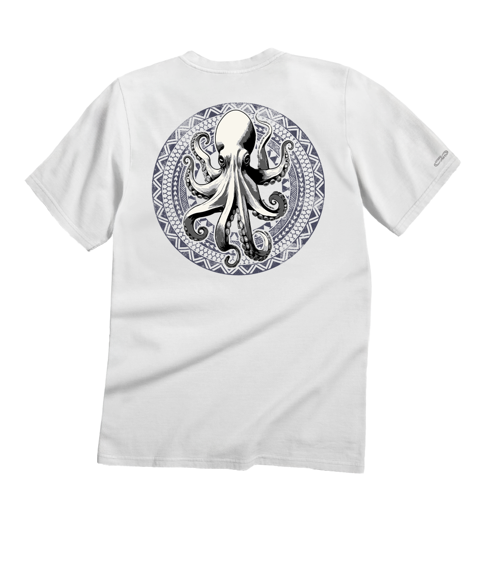 White t-shirt with a black and white octopus design on the back against a white background View 1