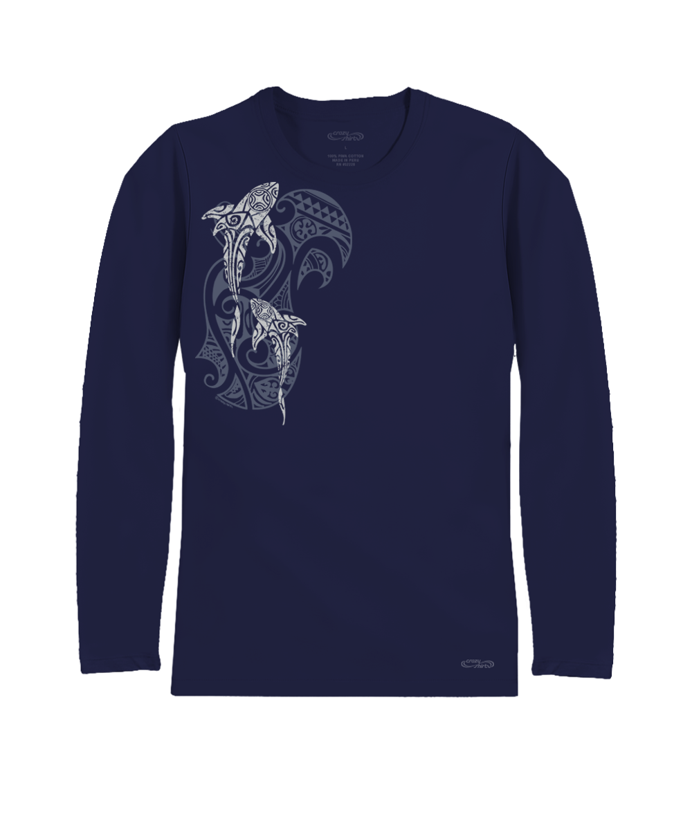 Navy long-sleeve shirt with a graphic design on a white background View 1