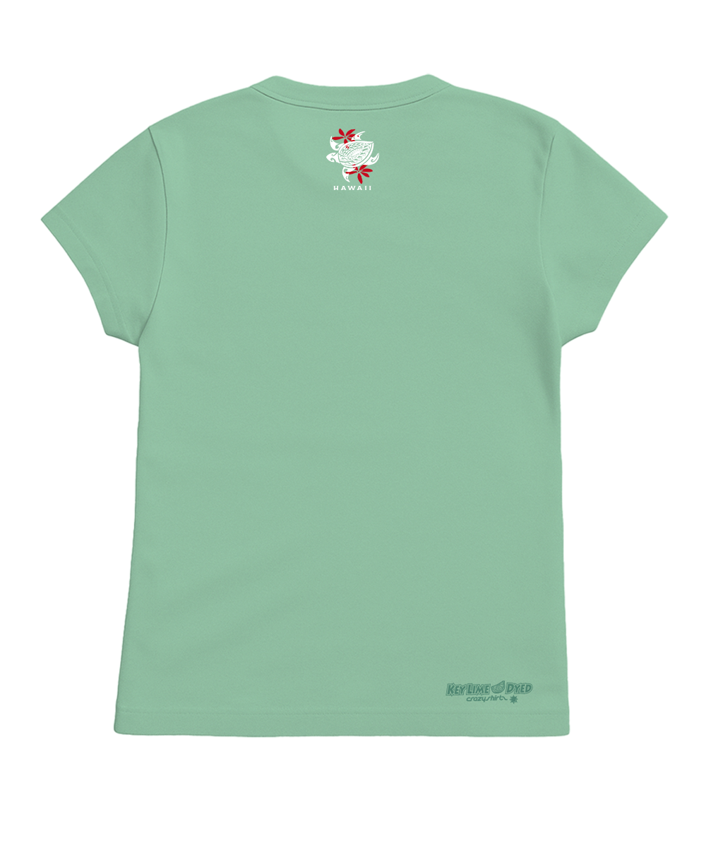 Green t-shirt with a small graphic on the back against a white background View 4