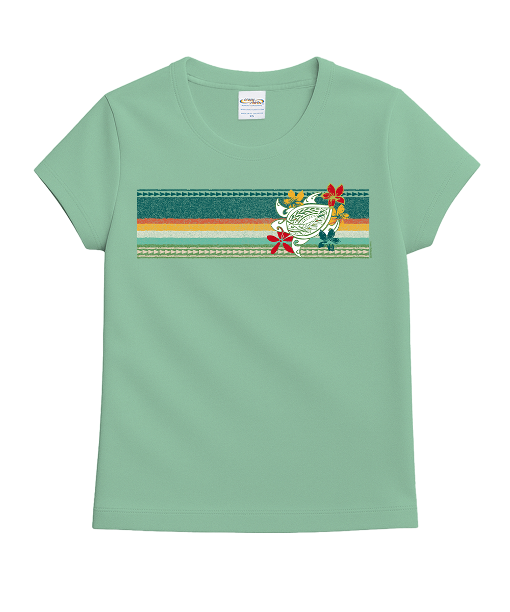 Light green t-shirt with a colorful graphic design on a white background View 1