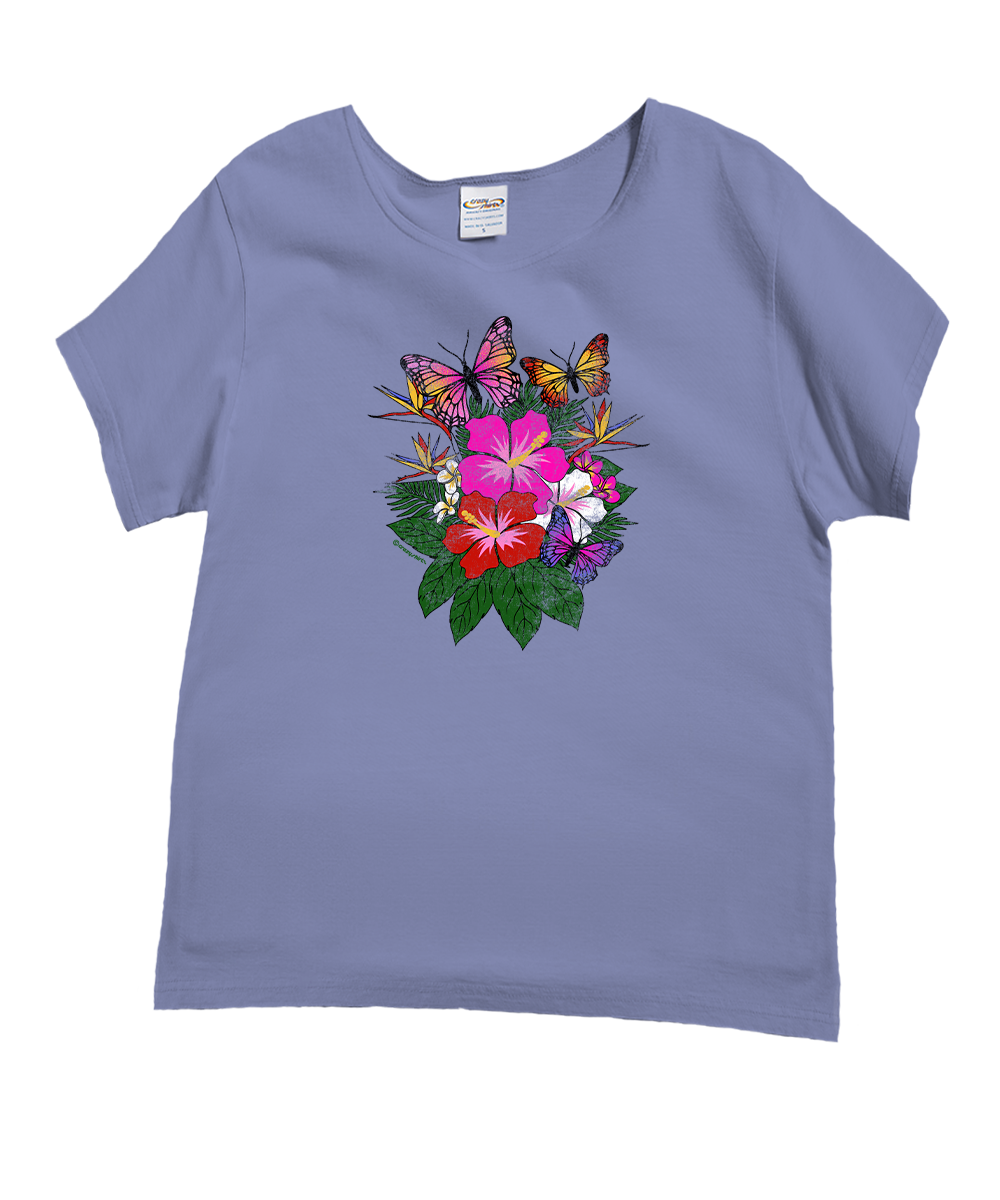 Purple t-shirt with a floral and butterfly design on a white background View 1