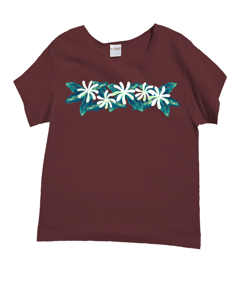 A short-sleeve crewneck t-shirt in maroon, featuring a horizontal graphic print of white hibiscus flowers and teal leaves across the chest. View 1