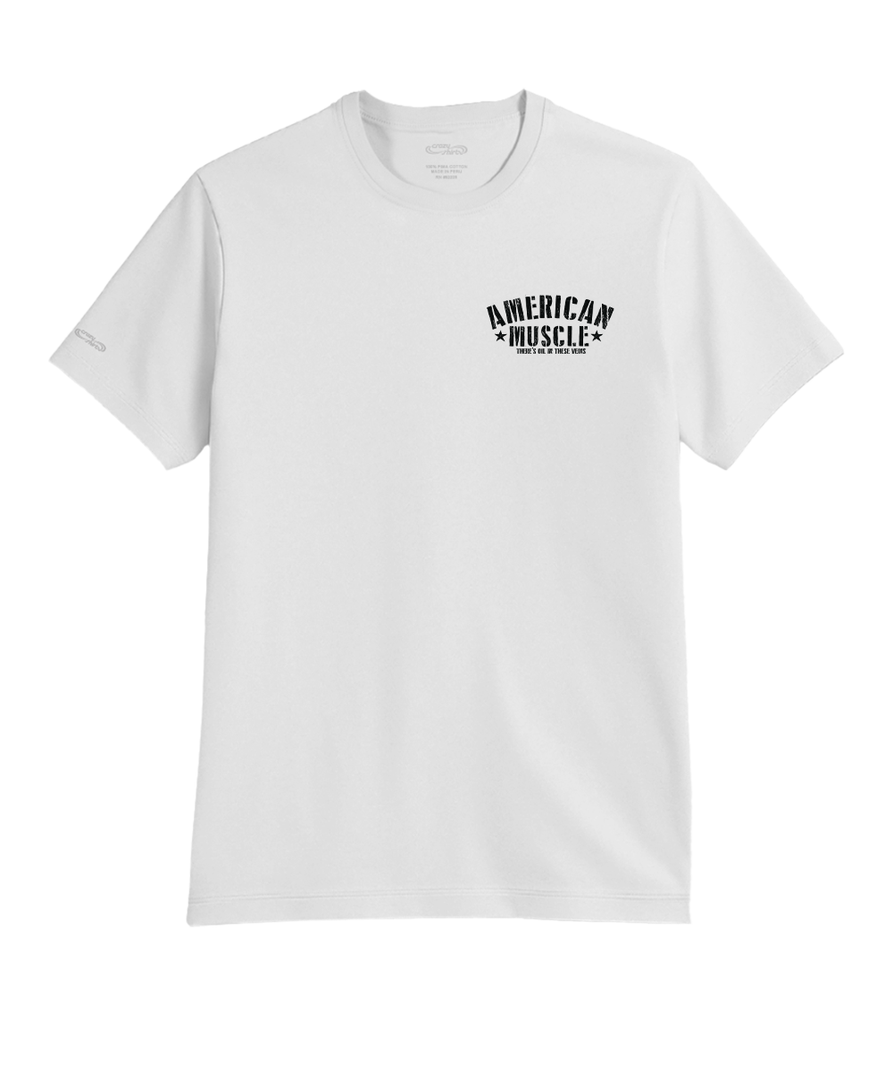 White t-shirt with 'American Muscle' logo on a white background View 4
