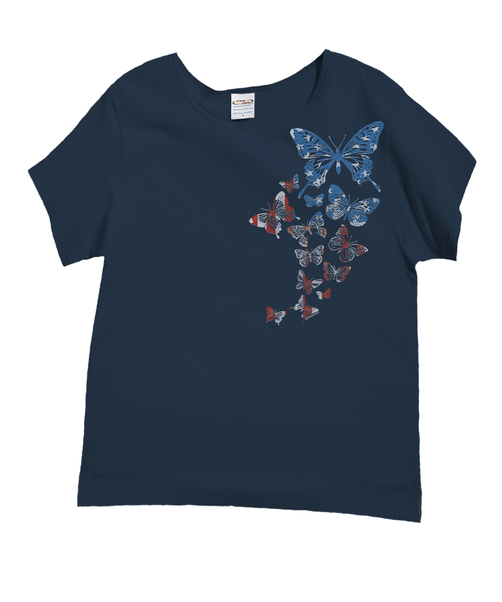 Navy blue t-shirt with butterfly designs on a white background View 1