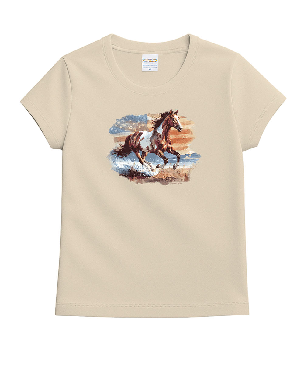 Beige t-shirt with a horse graphic on a white background View 1