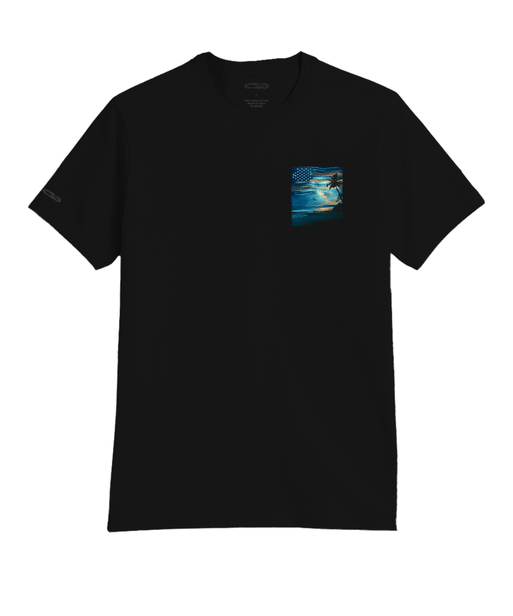 Black t-shirt with a small pocket print featuring an American flag and beach scene on a white background. View 4