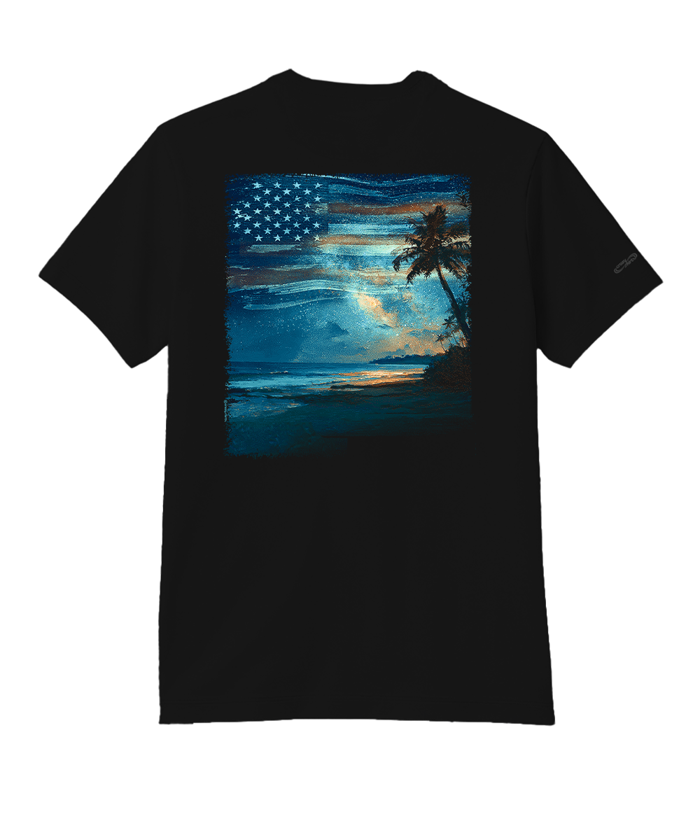 Black t-shirt with a beach scene and American flag design on the back. View 1